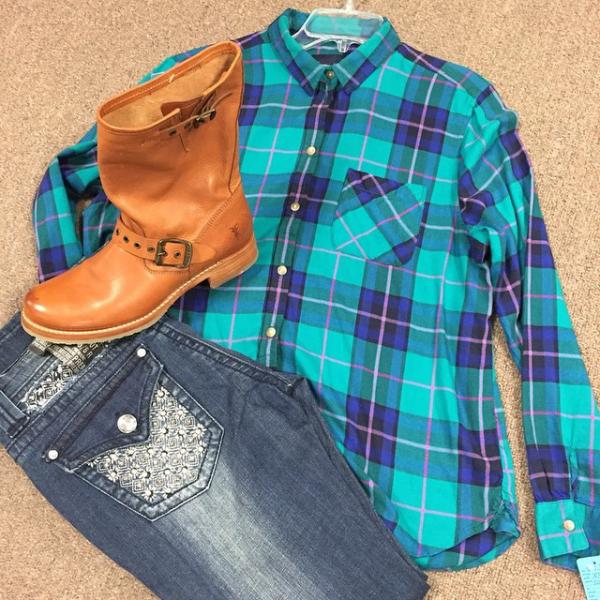Teal Plaid Shirt with Boots & Jeans
